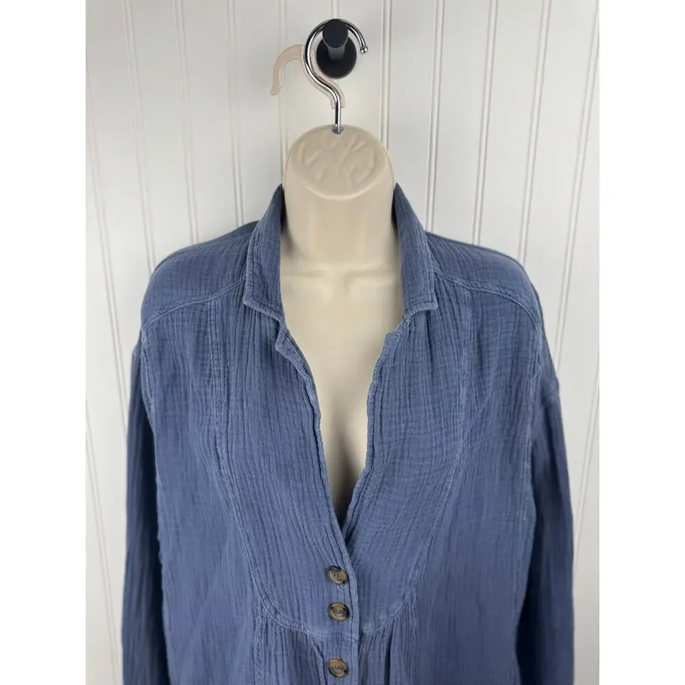Free People Blue Cotton Gauze Button Front Tunic Top Size Small - Picture 2 of 10